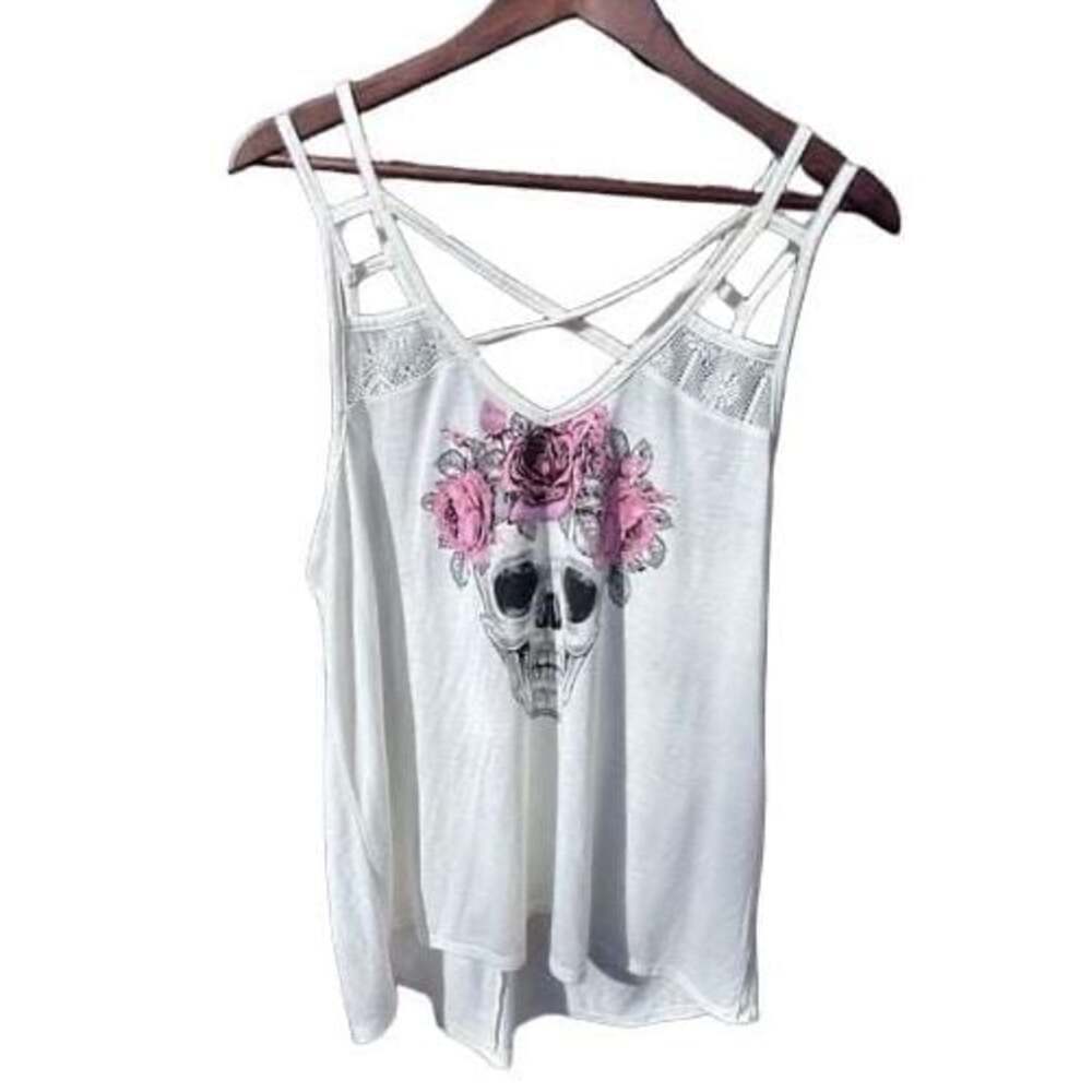 Skull Floral Tank Top Womens Large White Strappy Lace Goth Boho